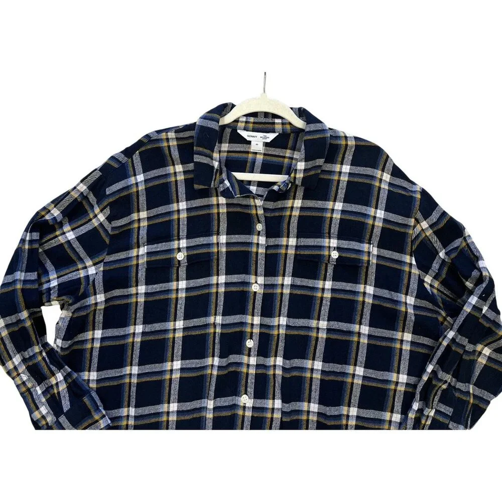 Old Navy Womens XL Boyfriend Shirt 100% Cotton Plaid Navy White - Picture 2 of 7